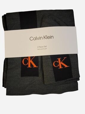 Calvin Klein Men's Dark Gray & Black Hat and Scarf Set with Orange CK Accent